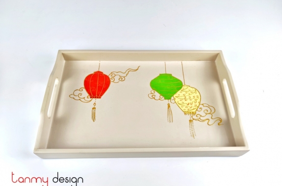Cream rectangular lacquer tray with hand-painted lantern 20x32 cm